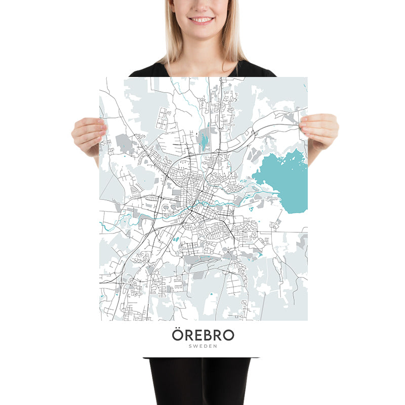 Plan de la ville moderne d'Örebro, Suède : château, cathédrale, université, E18, E20