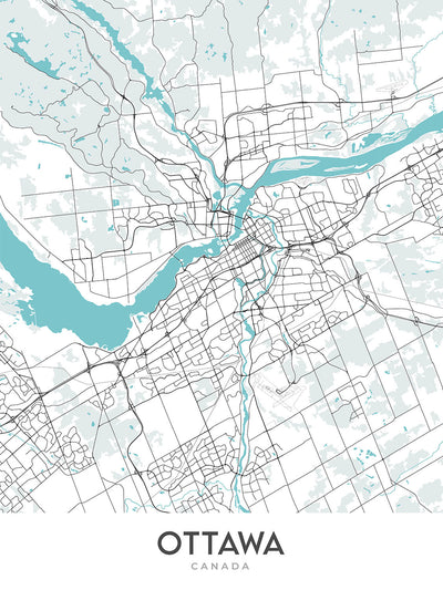 Plan de la ville moderne d'Ottawa, Canada : Parlement, Rideau Hall, marché By, Université Carleton, Université d'Ottawa