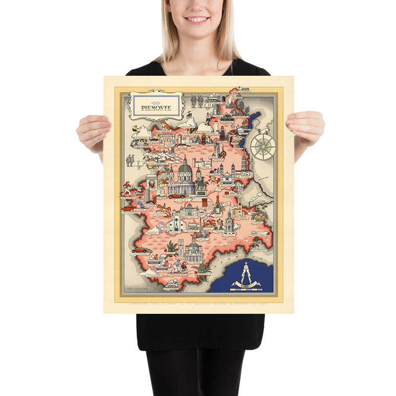 Old Pictorial Map of Piedmont by De Agostini, 1938: Turin, Novara, Vercelli, Biella, Alessandria