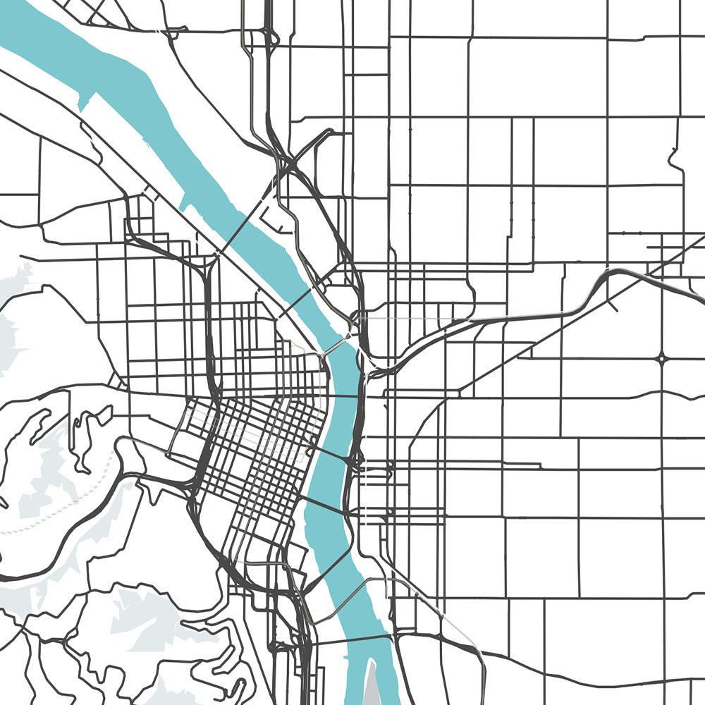 Modern City Map of Portland, OR: Downtown, Pearl District, Willamette River, Mt. Hood, I-5