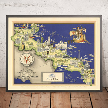 Antiguo mapa pictórico de Apulia de De Agostini, 1938: Bari, Brindisi, Foggia, Lecce, Taranto