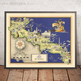 Antiguo mapa pictórico de Apulia de De Agostini, 1938: Bari, Brindisi, Foggia, Lecce, Taranto