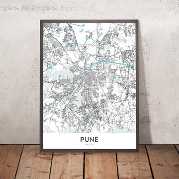 Mapa moderno de la ciudad de Pune, India: Shivajinagar, Parque Koregaon, Palacio Aga Khan, FC Road, Lago Pashan