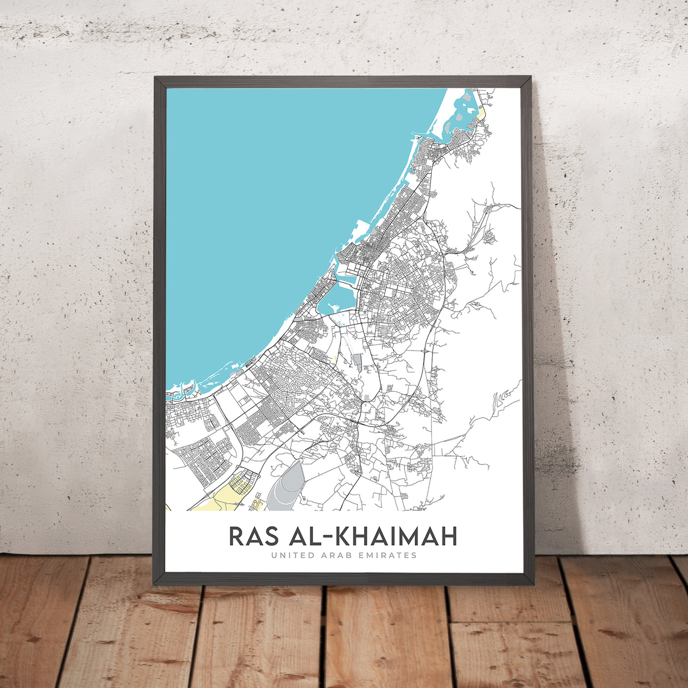 Mapa moderno de la ciudad de Ras Al Khamiah, Emiratos Árabes Unidos: Al Qawasim Corniche, Al Rams, Al Rifah, Al Shamal, Al Zahra