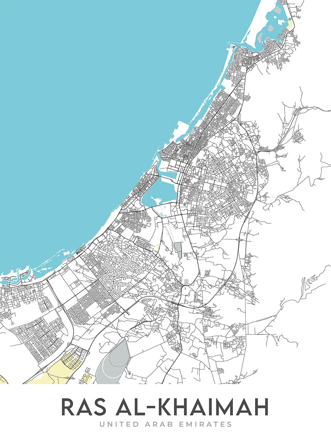 Moderner Stadtplan von Ras Al Khamiah, VAE: Al Qawasim Corniche, Al Rams, Al Rifah, Al Shamal, Al Zahra