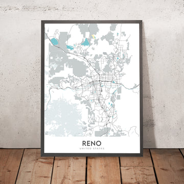 Mappa della città moderna di Reno, NV: Centro, Università, Fiume Truckee, I-80, US-395 