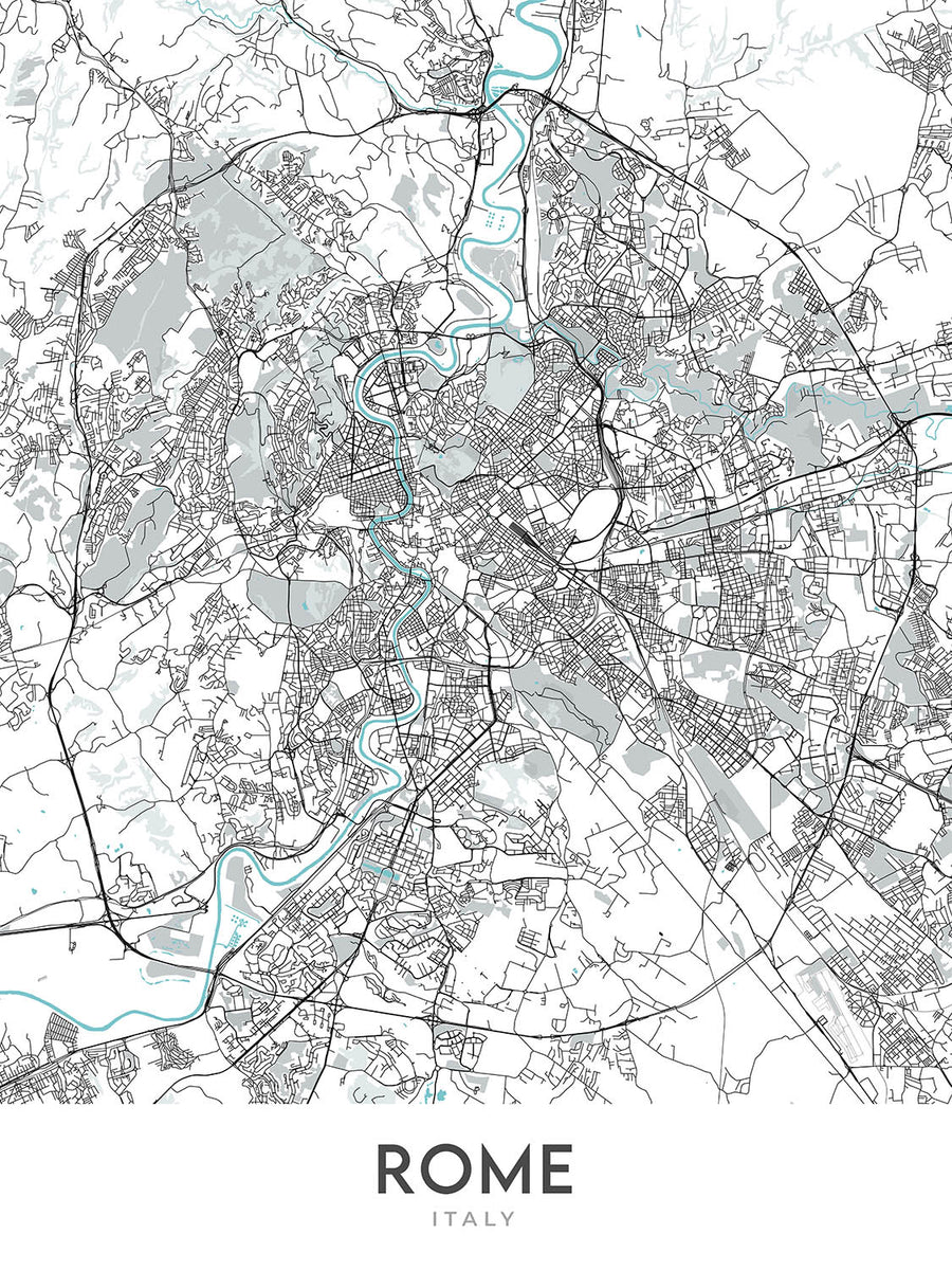 Plan de la ville moderne de Rome, Italie : Colisée, Panthéon, Forum romain, Fontaine de Trevi, Cité du Vatican