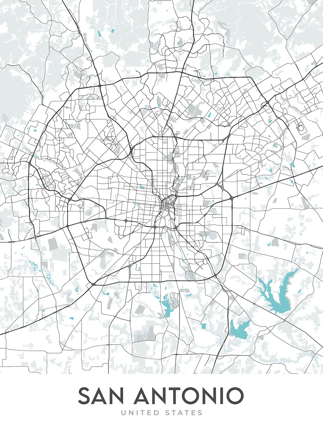 Mapa moderno de la ciudad de San Antonio, TX: Álamo, River Walk, AT&T Center, Centro, I-35