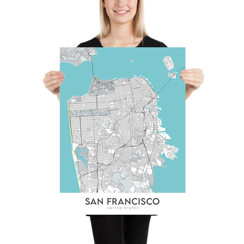 Mapa moderno de la ciudad de San Francisco, CA: Puente Golden Gate, Fisherman's Wharf, Alcatraz, Chinatown, Presidio