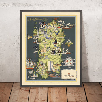 Old Pictorial Map of Sardinia by De Agostini, 1938: Cagliari, Sassari, Nuoro, Oristano, Olbia