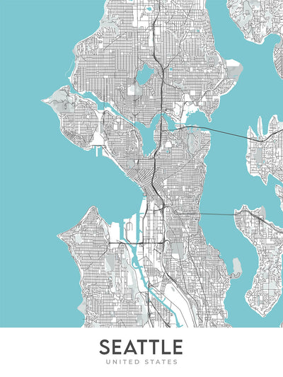 Mapa moderno de la ciudad de Seattle, WA: Capitol Hill, Queen Anne, Belltown, Pike Place Market, Space Needle