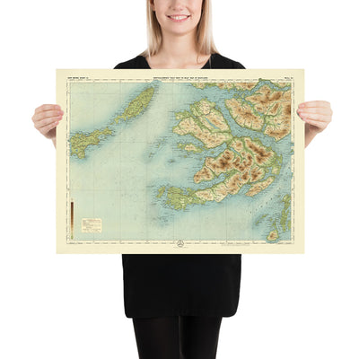 Antiguo mapa OS de Mull, Argyll por Bartholomew, 1901: Tobermory, Ben More, Castillo Duart, Loch na Keal, Abadía de Iona, Sonido de Mull