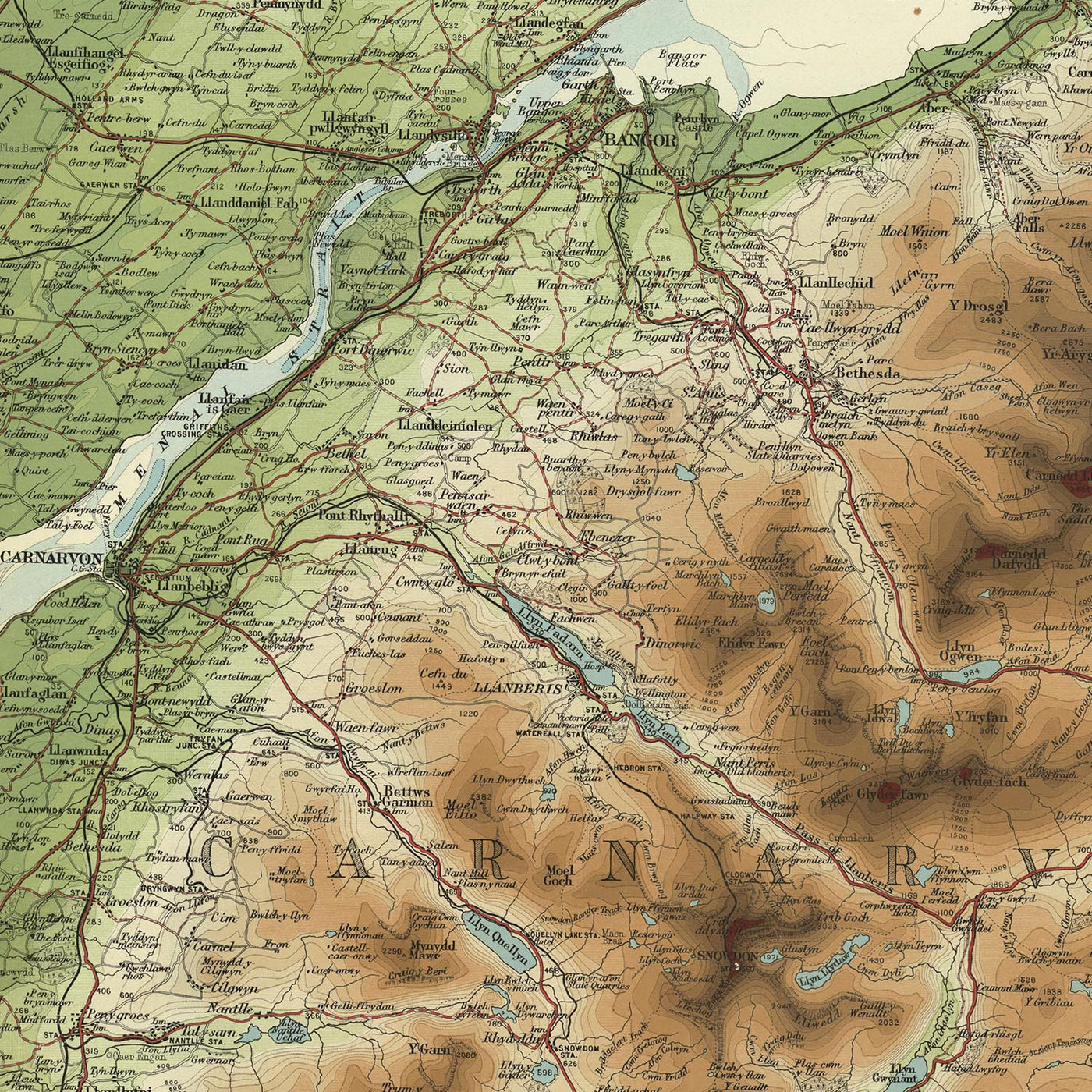Old OS Map of North Wales by Bartholomew, 1901: Snowdon, Caernarfon, Llandudno, Menai Strait, Conwy, Anglesey