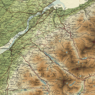 Old OS Map of North Wales by Bartholomew, 1901: Snowdon, Caernarfon, Llandudno, Menai Strait, Conwy, Anglesey