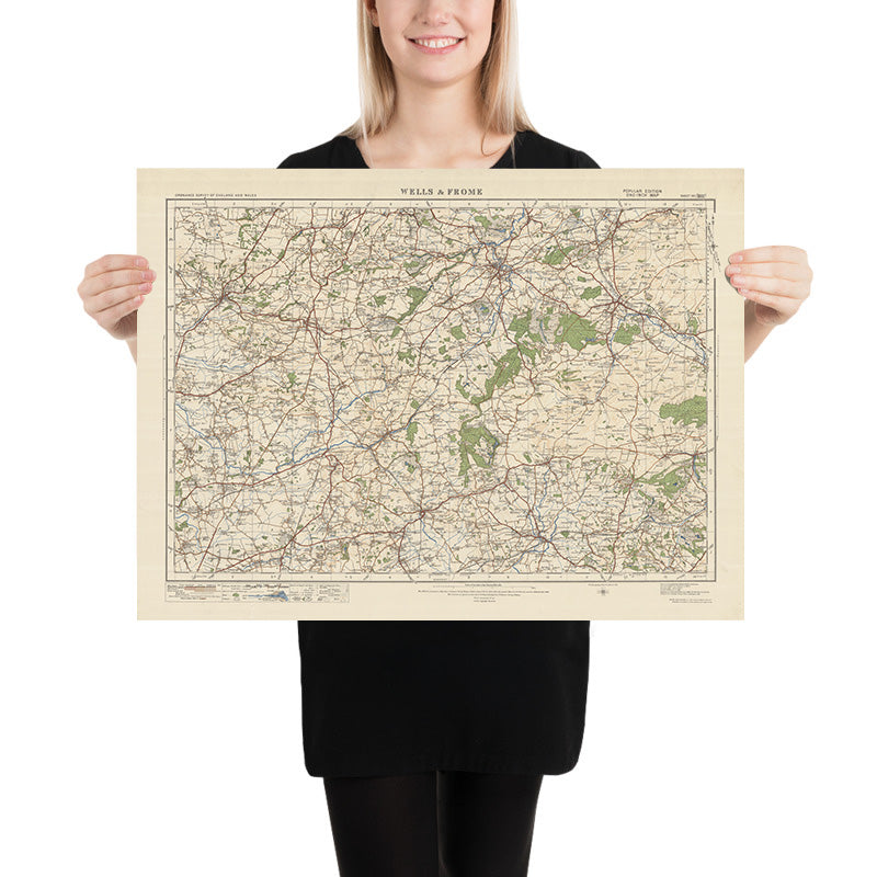 Mapa de Old Ordnance Survey, hoja 121 - Wells & Frome, 1925: Warminster, Westbury, Gillingham, Shepton Mallet, Cranborne Chase AONB