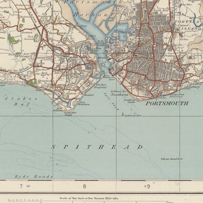 Carte Old Ordnance Survey, feuille 132 - Portsmouth et Southampton, 1925 : Eastleigh, Fareham, Havant, Hayling Island, Chichester Harbour AONB