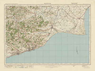 Carte Old Ordnance Survey, feuille 135 - Hastings, 1925 : Bexhill, Rye, Battle, Lydd, High Weald AONB