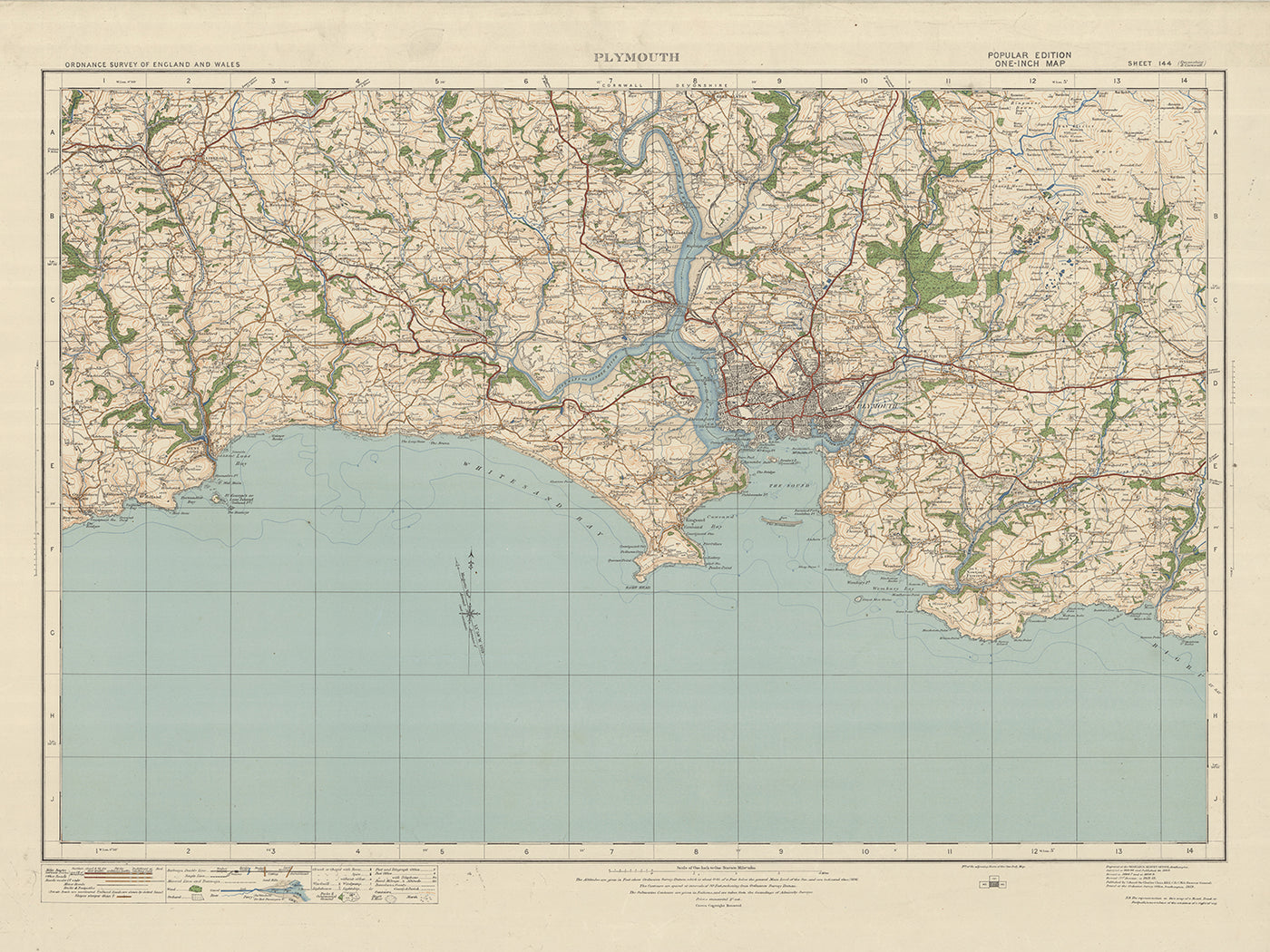 Ancienne carte de l'Ordnance Survey, feuille 144 - Plymouth, 1919-1926 : Saltash, Liskeard, Torpoint et Callington, avec le parc national de Dartmoor, la rivière Tamar et le pont Royal Albert.