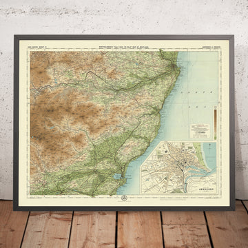 Mappa antica del sistema operativo di Aberdeen e Deeside di Bartholomew, 1901: Piano della città in insetto, Fiume Dee, Bennachie, Castello di Dunnottar, Loch di Skene, Costa del Mare del Nord 