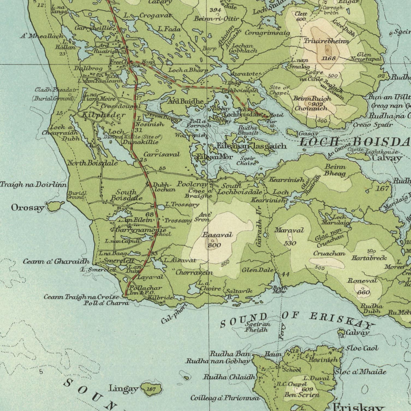 Alte OS-Karte von Nord- und Süd-Uist, Äußere Hebriden von Bartholomew, 1901: Lochmaddy, Hecla, Benbecula, Sound von Harris, Lochboisdale, Beinn Mhor 