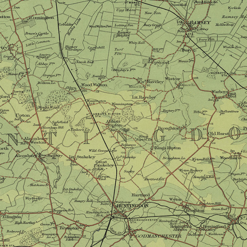 Alte OS-Karte von Cambridge, Huntingdon von Bartholomew, 1901: Cambridge, Ely, River Great Ouse, Fens, Grafham Water, Wimpole Hall