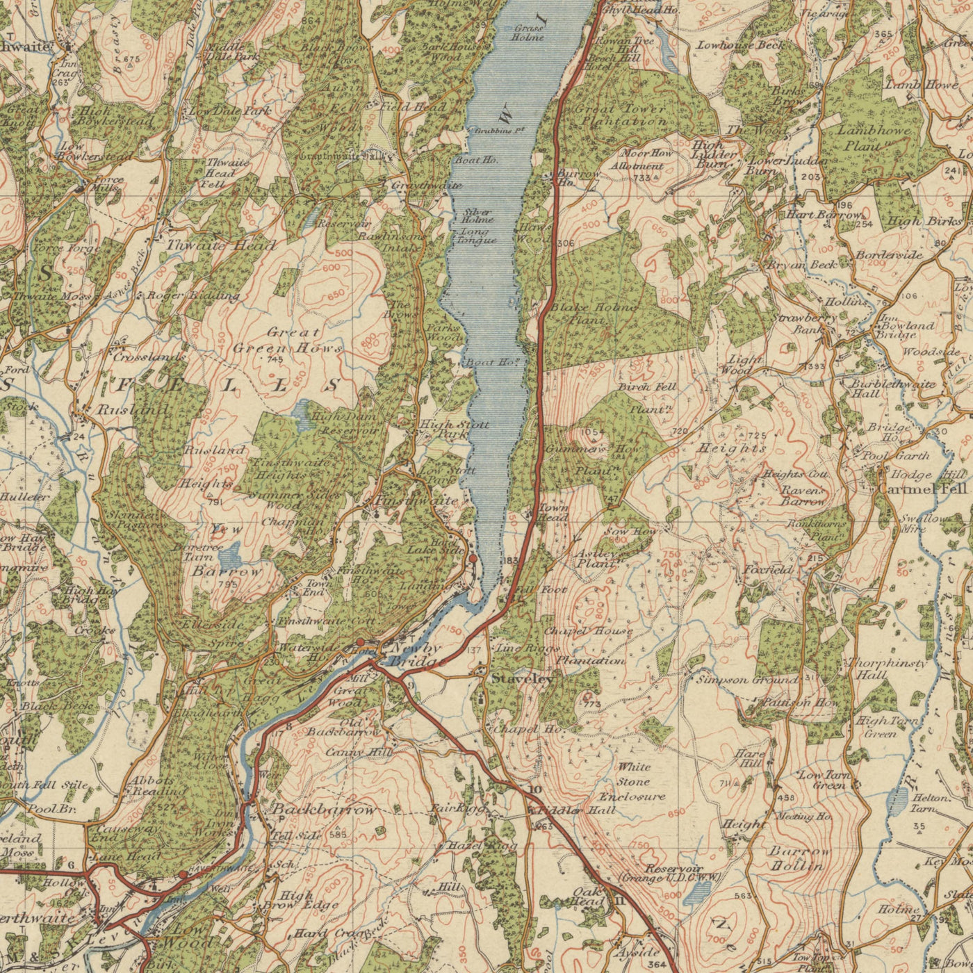 Ancienne carte de l'Ordnance Survey, feuille 19 - Windermere & Ulverston, 1925 : Dalton-in-Furness, Millom, Grange-over-Sands, Kendal et le parc national du Lake District