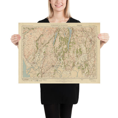 Mapa antiguo de Ordnance Survey, hoja 19 - Windermere y Ulverston, 1925: Dalton-in-Furness, Millom, Grange-over-Sands, Kendal y Parque Nacional del Distrito de los Lagos.