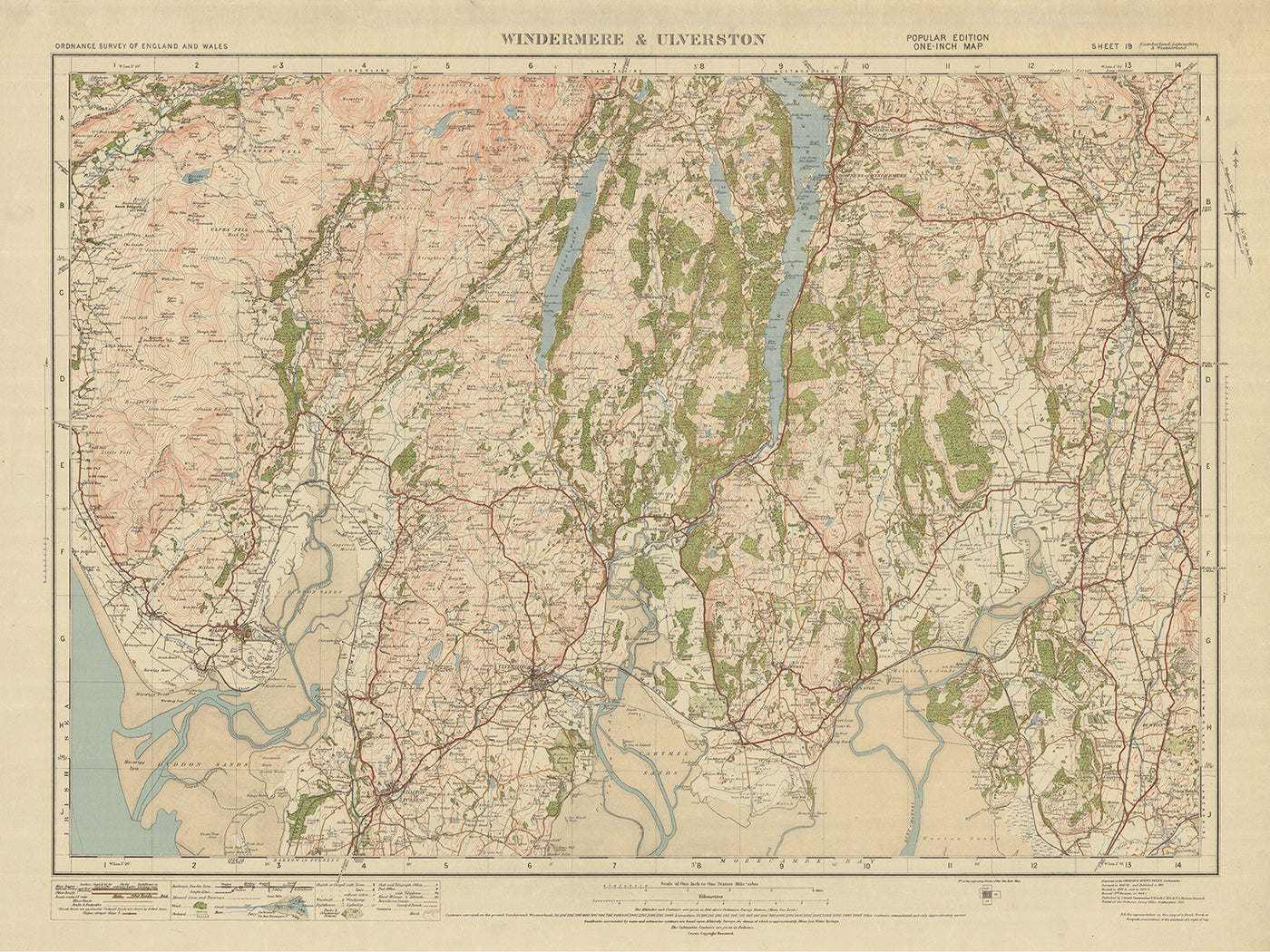 Mapa antiguo de Ordnance Survey, hoja 19 - Windermere y Ulverston, 1925: Dalton-in-Furness, Millom, Grange-over-Sands, Kendal y Parque Nacional del Distrito de los Lagos.