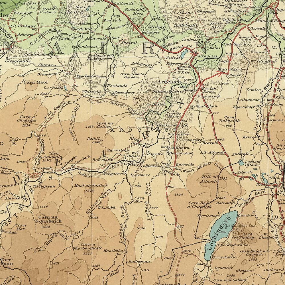 Old OS Map of Inverness & Spey, Scottish Highlands by Bartholomew, 1901: Inverness, Loch Ness, Cairngorms, Culloden, Moray Firth