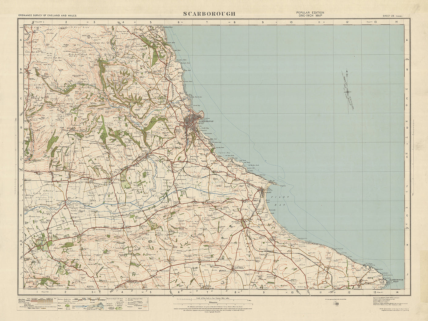 Ancienne carte de l'Ordnance Survey, feuille 23 - Scarborough, 1925 : Filey, Hunmanby, Sherburn, North Riding Forest Park, Flamborough Outer Headlands Nature Reserve