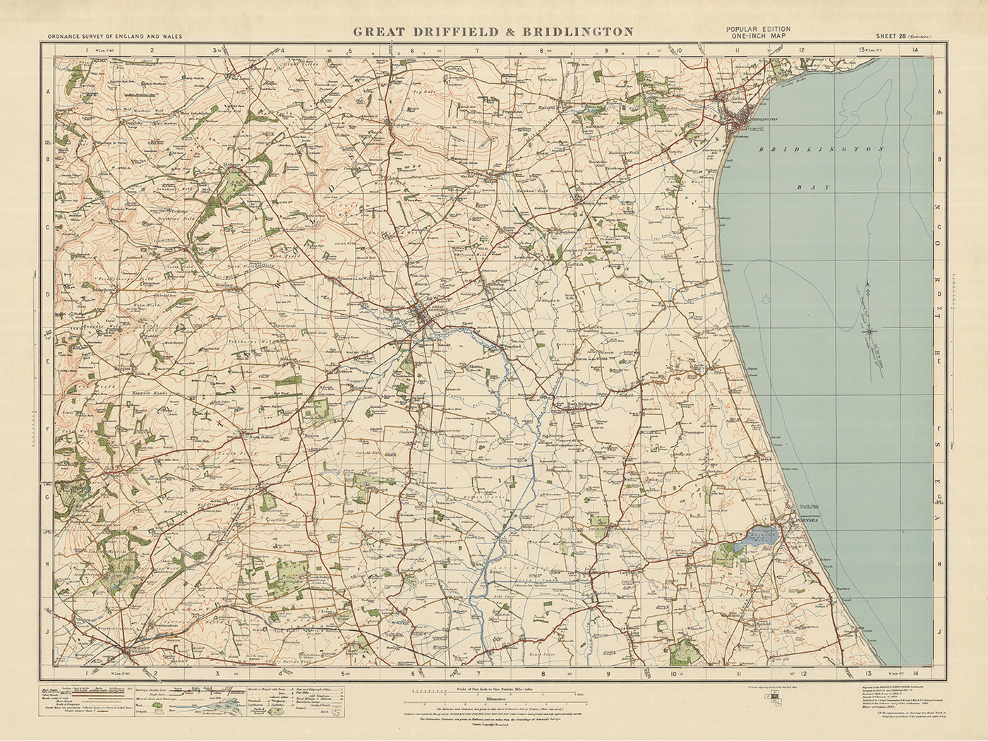 Mapa antiguo de Ordnance Survey, hoja 28 - Gt Driffield & Bridlington, 1925: Hornsea, Nafferton, Skipsea, Market Weighton, Hutton Cranswick