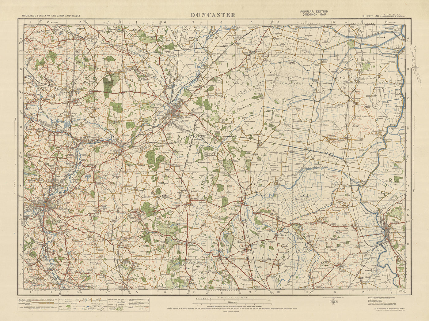 Ancienne carte de l'Ordnance Survey, feuille 38 - Doncaster, 1925 : Rotherham, Gainsborough, Bawtry, Tickhill, Epworth