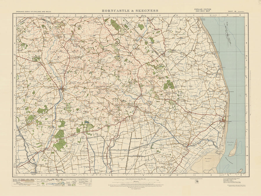 Mapa de estudio de artillería antigua, hoja 48 - Horncastle & Skegness, 1925: Spilsby, Alford, Ingoldmells, Woodhall Spa, Lincolnshire Wolds AONB