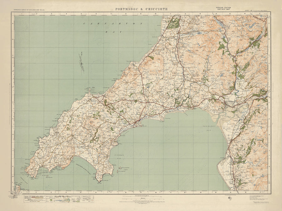 Carte Old Ordnance Survey, feuille 49 - Portmadoc & Criccieth, 1925 : Harlech, Pwllheli, Abersoch, Yr Wyddfa (Mt Snowdon), Parc national d&