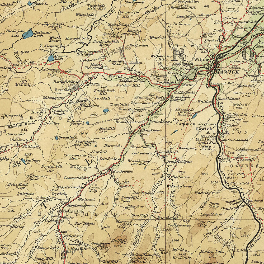 Old OS Map of Dumfriesshire & Roxburghshire by Bartholomew, 1901: Dumfries, Hawick, River Clyde, Tweed, Scottish Border