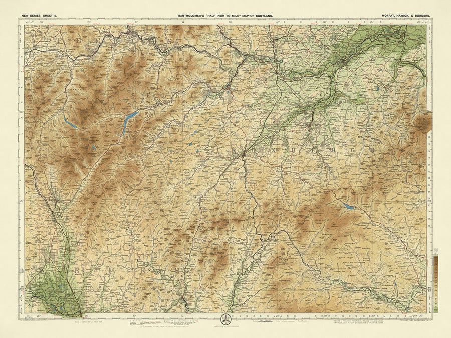 Mappa antica della contea di Dumfriesshire e Roxburghshire di Bartholomew, 1901: Dumfries, Hawick, Fiume Clyde, Tweed, Confine scozzese 