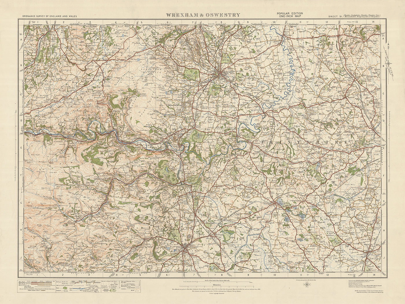 Carte de l'Old Ordnance Survey, feuille 51 - Wrexham & Oswestry, 1925 : LLangolen, Wem, Ellesmere, Malpas