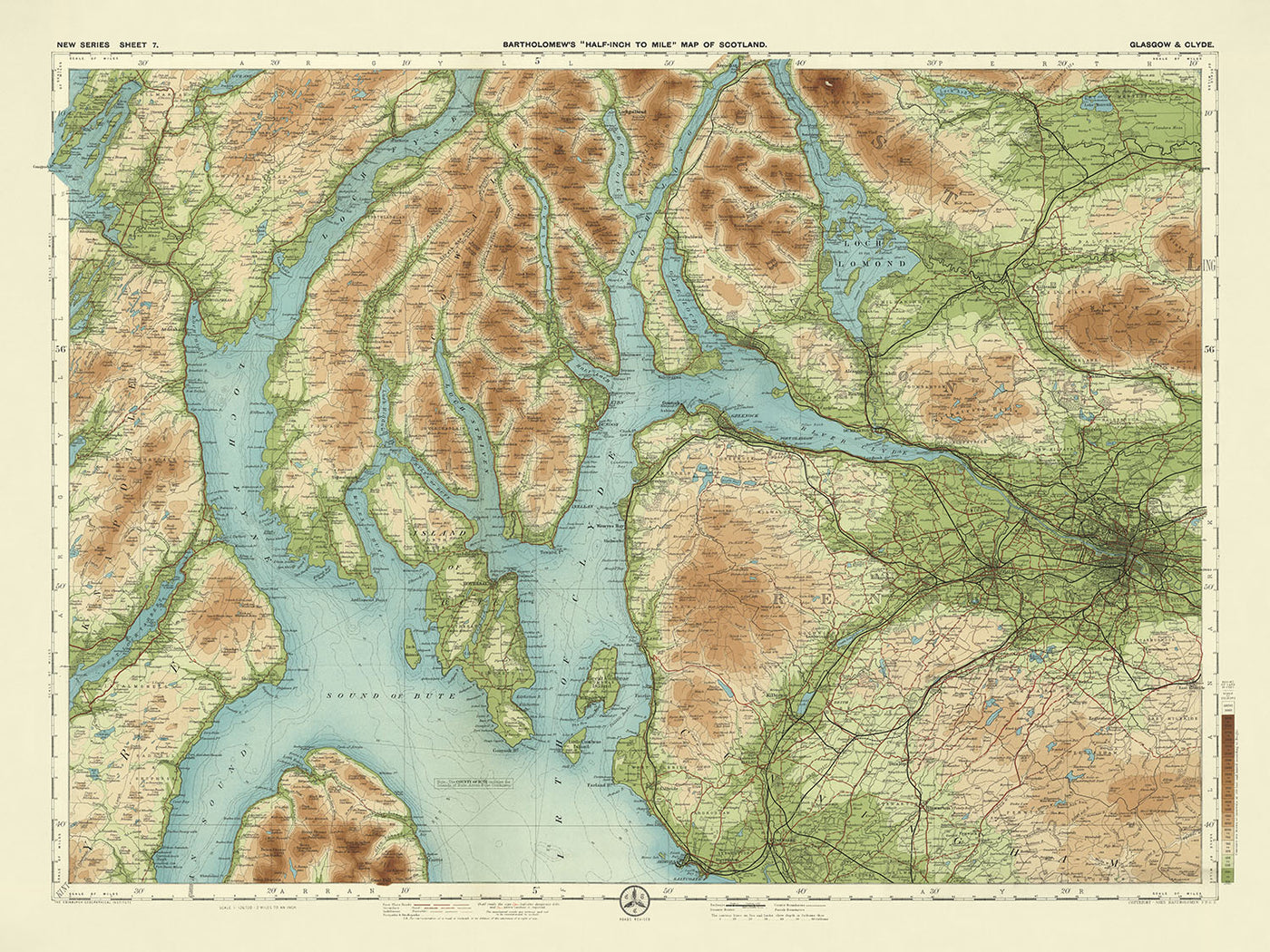 Ancienne carte OS de Glasgow, Lanarkshire par Bartholomew, 1901 : Loch Lomond, Firth of Clyde, Alpes d'Arrochar, Trossachs, château de Dumbarton, chemins de fer