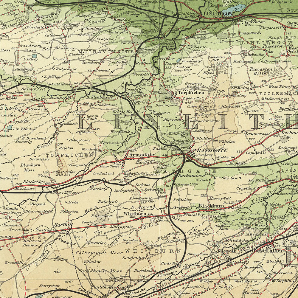 Ancienne carte OS d'Édimbourg, Midlothian par Bartholomew, 1901 : Édimbourg, Pentland Hills, Arthur's Seat, Holyrood Park, le château d'Édimbourg, le palais de Linlithgow