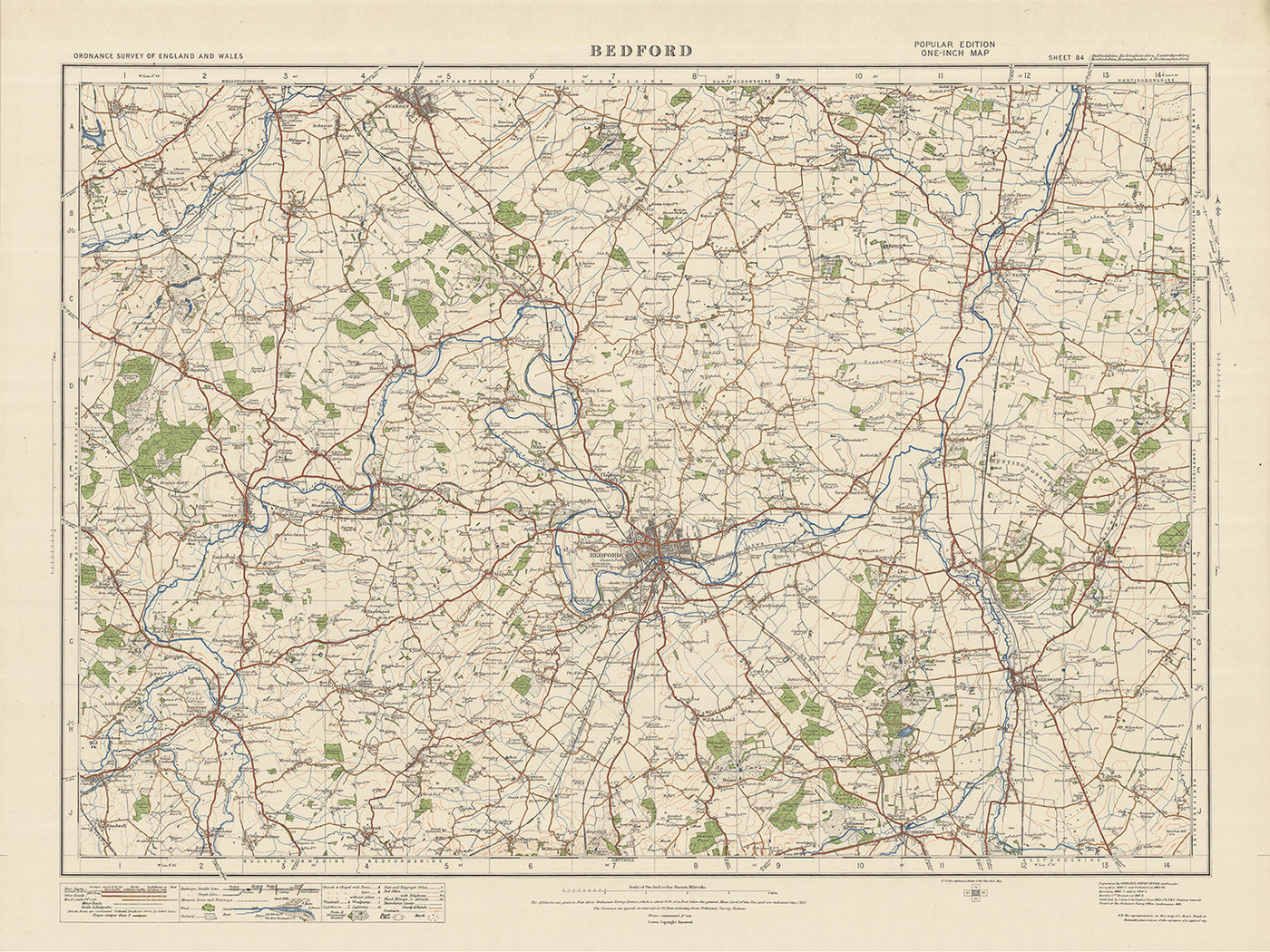 Carte Old Ordnance Survey, feuille 84 - Bedford, 1925 : St Neots, Biggleswade, Sandy, Newport Pagnell, Rushden