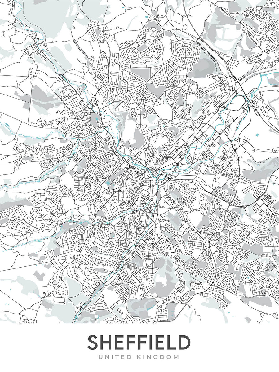 Modern City Map of Sheffield, UK: City Centre, Sheffield Cathedral, Weston Park, A61, M1