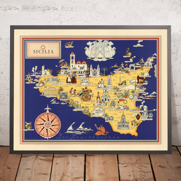 Old Pictorial Map of Sicily by De Agostini, 1938: Palermo, Catania, Messina, Parco dell&