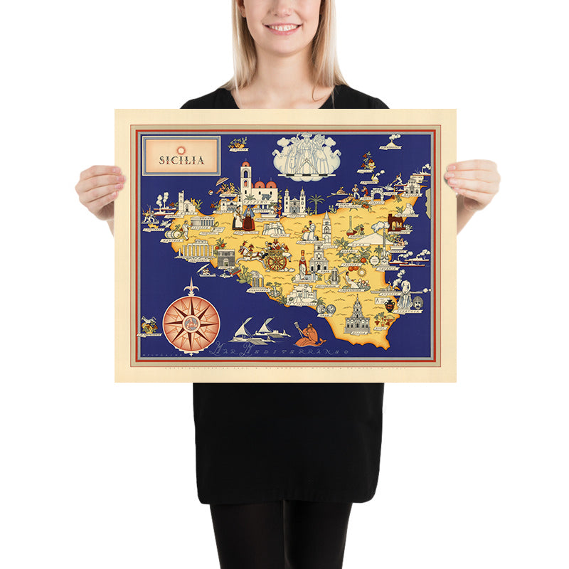 Vecchia mappa pittorica della Sicilia di De Agostini, 1938: Palermo, Catania, Messina, Parco dell&