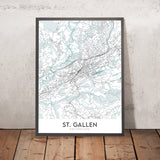 Mapa moderno de la ciudad de St. Gallen, Suiza: Abadía, Catedral, Universidad