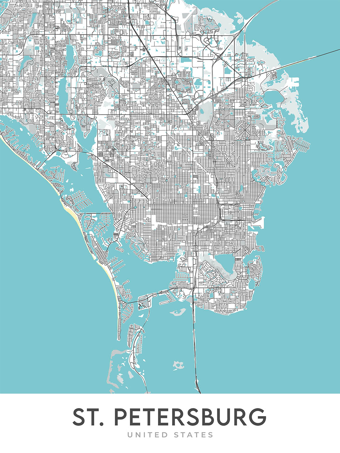 Plan de la ville moderne de Saint-Pétersbourg, Floride : Crescent Lake, centre-ville, vieux nord-est, Pinellas Point, The Pier