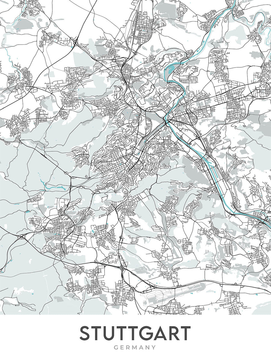 Mapa moderno de la ciudad de Stuttgart, Alemania: Fernsehturm, Museo Mercedes-Benz, Museo Porsche, Schloss Solitude, Staatsgalerie