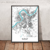 Mapa moderno de la ciudad de Surat, Gujarat: Athwa, río Tapi, parque Sarthana, Dumas Rd, jardín holandés