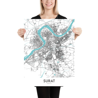 Mapa moderno de la ciudad de Surat, Gujarat: Athwa, río Tapi, parque Sarthana, Dumas Rd, jardín holandés