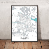 Mapa moderno de la ciudad de Swords, Irlanda: Castillo de Swords, Castillo de Malahide, Playa Donabate, Playa Portrane, Playa Rush