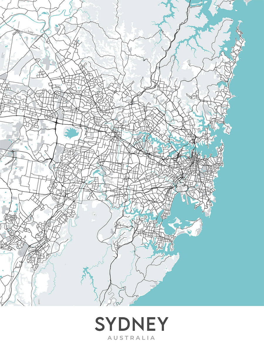 Mappa della città moderna di Sydney, Australia: CBD, Opera House, Harbour Bridge, Bondi Beach, The Rocks 